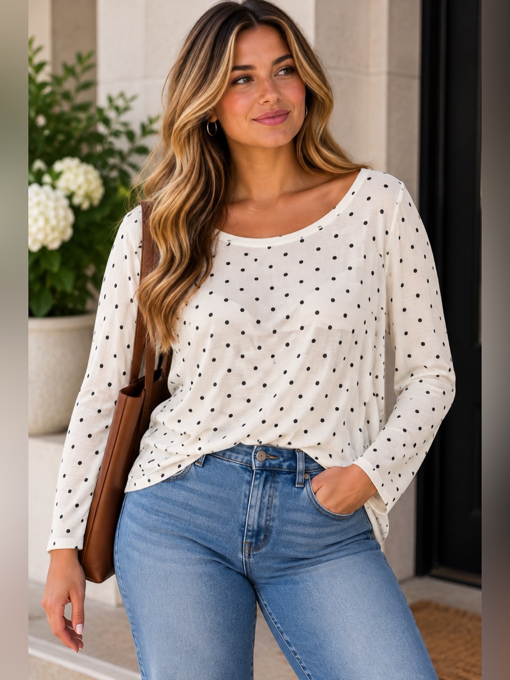 Reitmans Ivory & Black Polka Dot Long Sleeve Top NWT